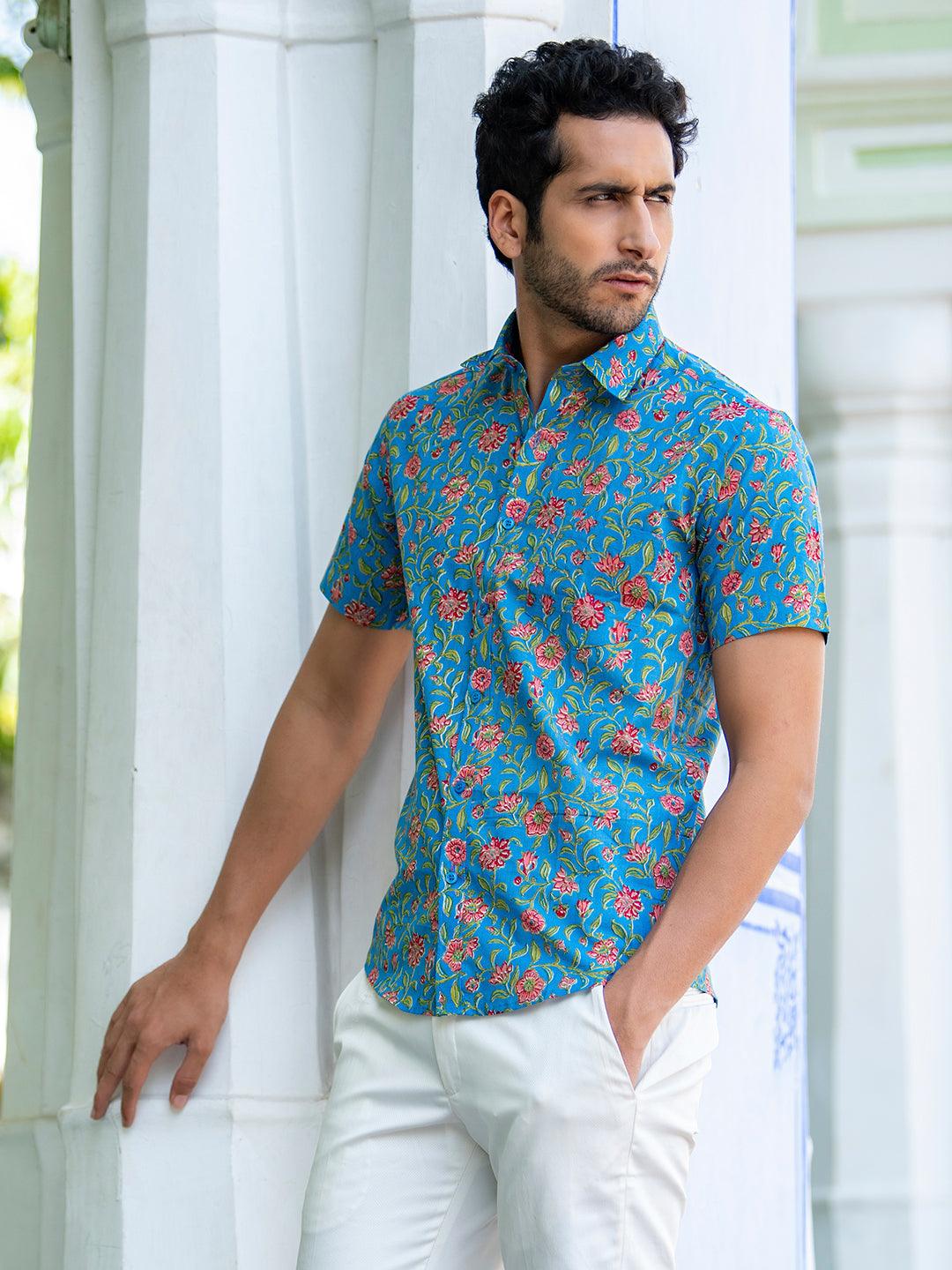 Blue Floral Jaipuri Cotton Printed Shirt