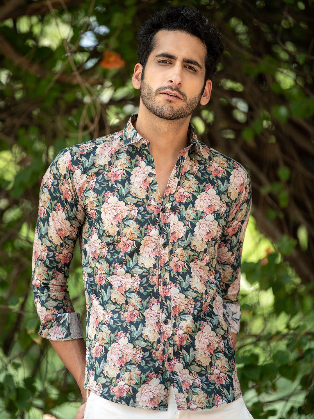 Cotton Black Floral Digital Print Shirt