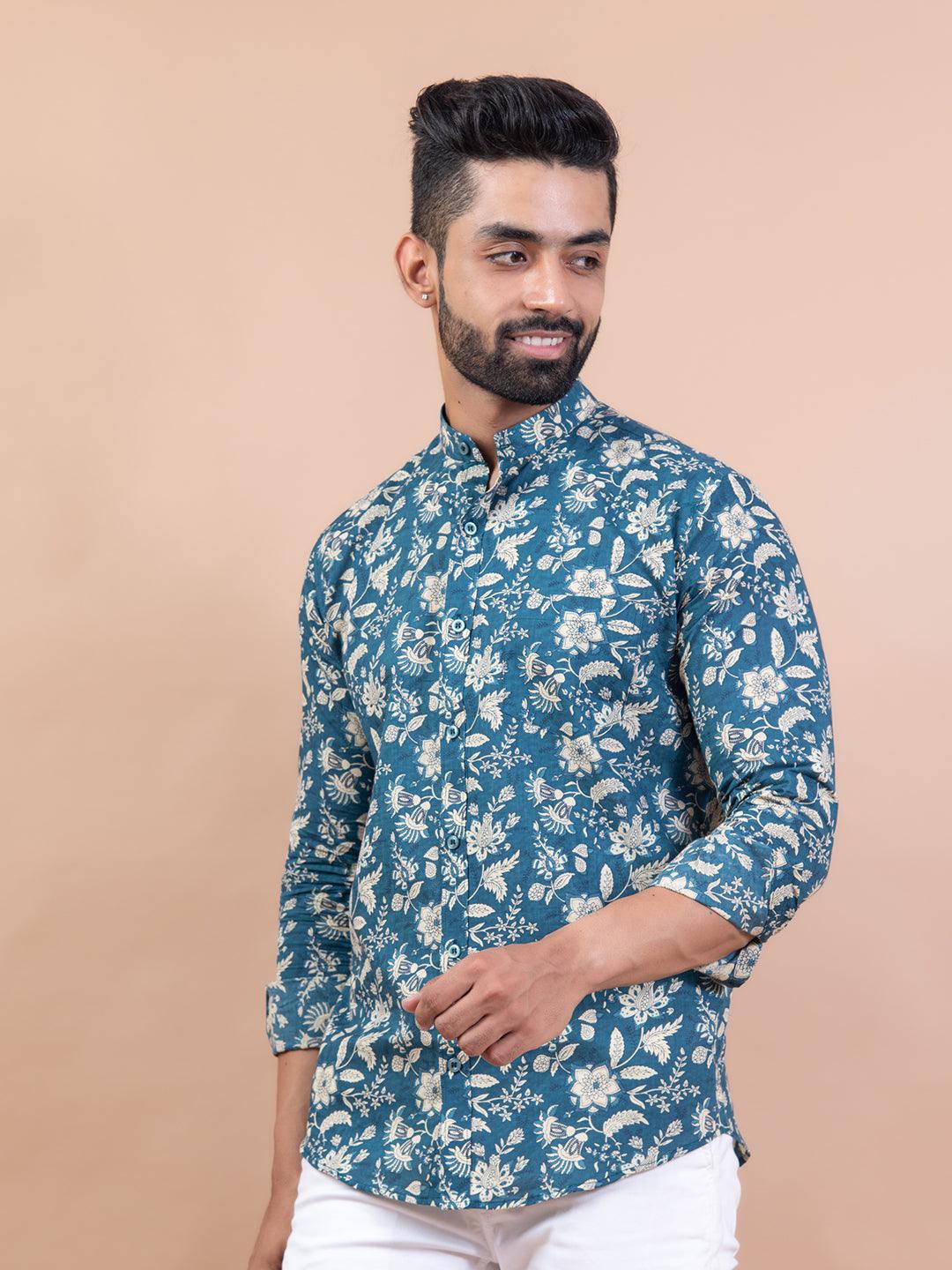 Floral Teal Blue Mandarin Collar Full Sleeve Printed Shirt