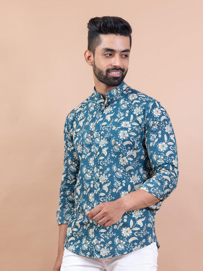 Floral Teal Blue Mandarin Collar Full Sleeve Printed Shirt