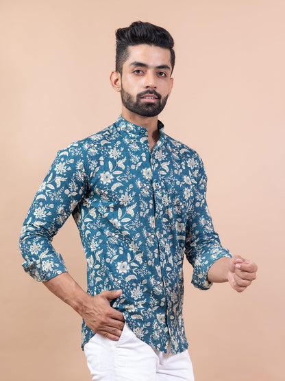 Floral Teal Blue Mandarin Collar Full Sleeve Printed Shirt