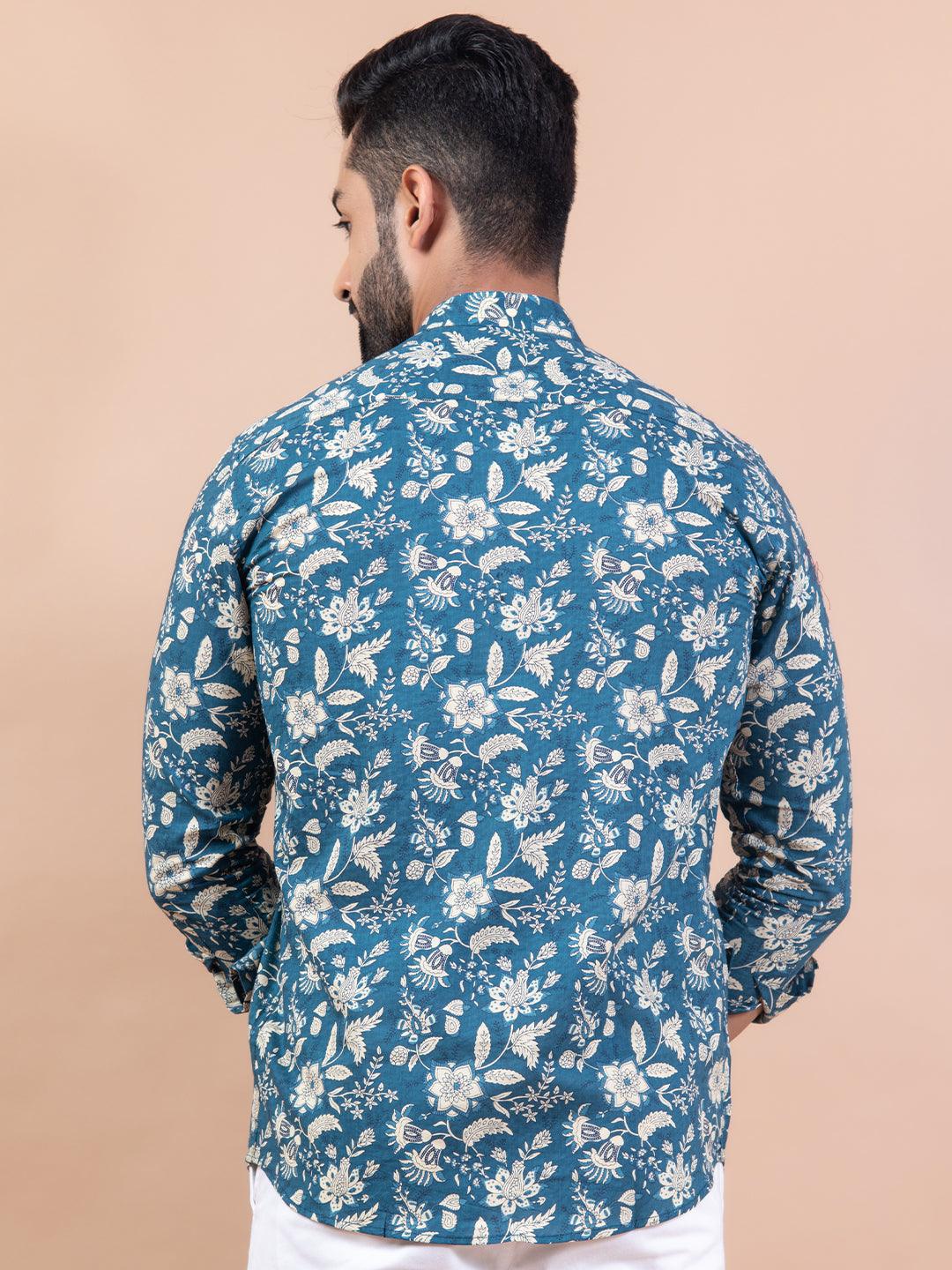 Floral Teal Blue Mandarin Collar Full Sleeve Printed Shirt