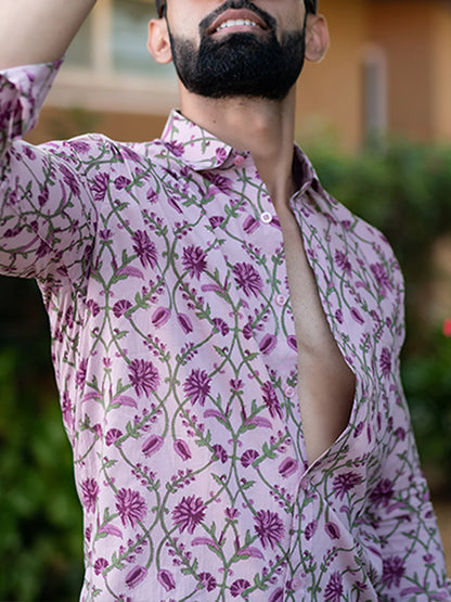 Lilac Floral Full Sleeves Cotton Printed Shirt For Men