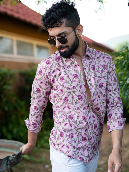 Lilac Floral Full Sleeves Cotton Printed Shirt For Men