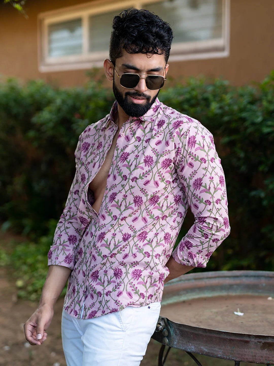 Lilac Floral Full Sleeves Cotton Printed Shirt For Men