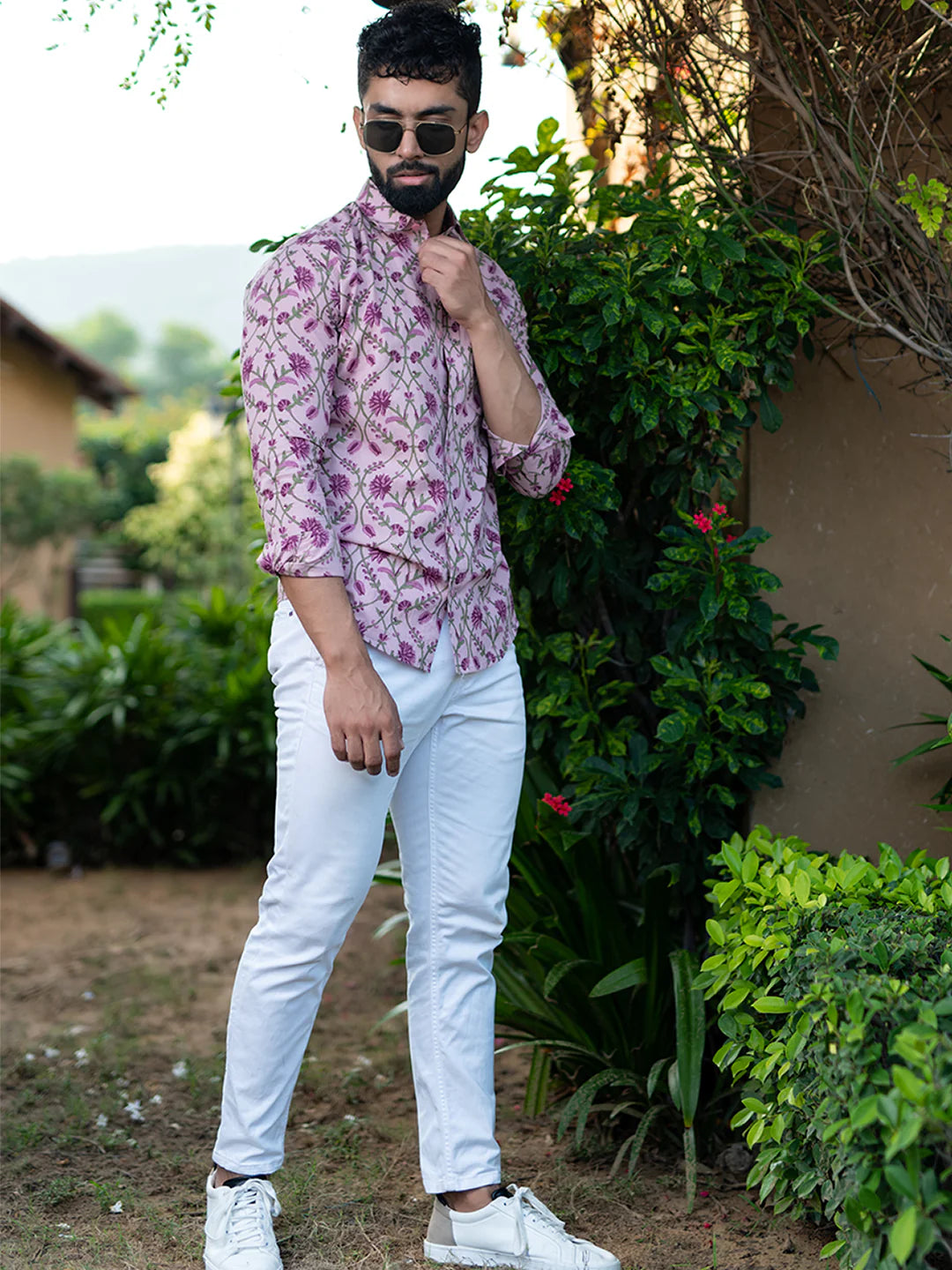 Lilac Floral Full Sleeves Cotton Printed Shirt For Men
