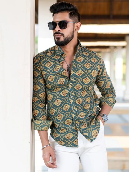 Cotton Full Sleeves Teal Blue Floral Printed Shirt