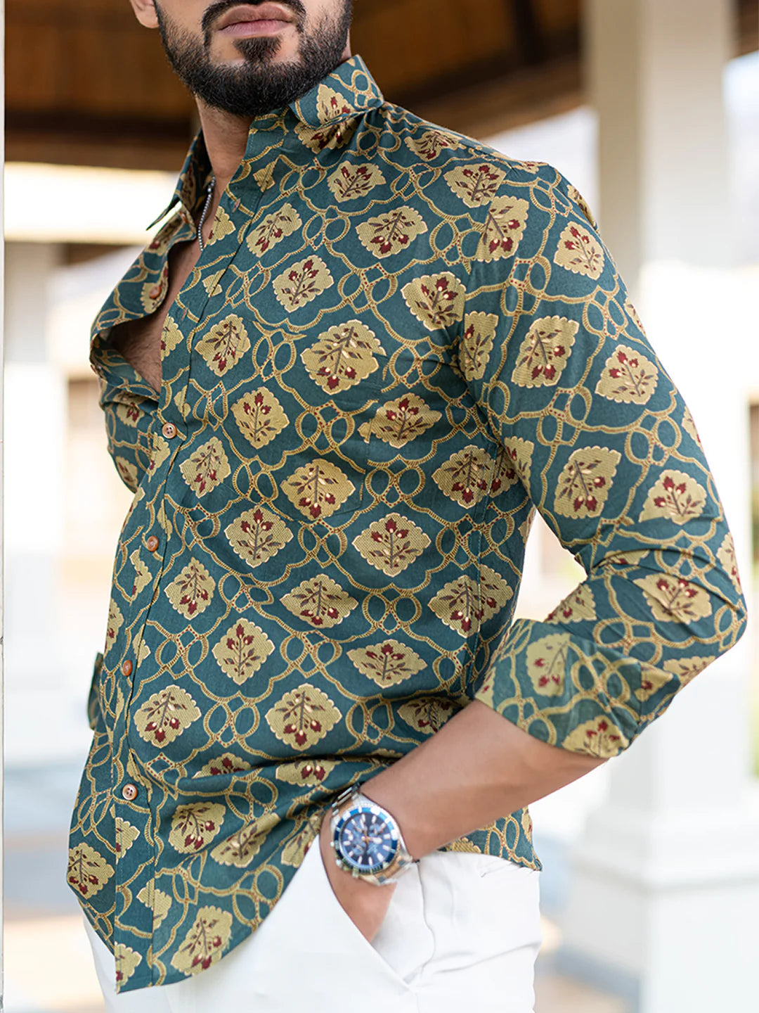Cotton Full Sleeves Teal Blue Floral Printed Shirt