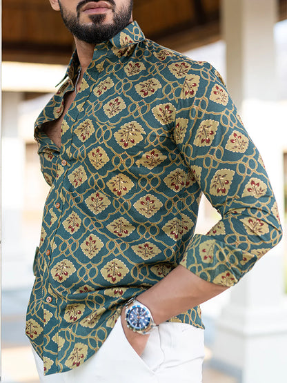 Cotton Full Sleeves Teal Blue Floral Printed Shirt