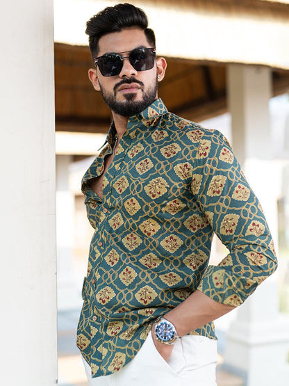 Cotton Full Sleeves Teal Blue Floral Printed Shirt