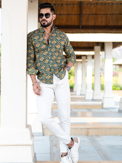 Cotton Full Sleeves Teal Blue Floral Printed Shirt