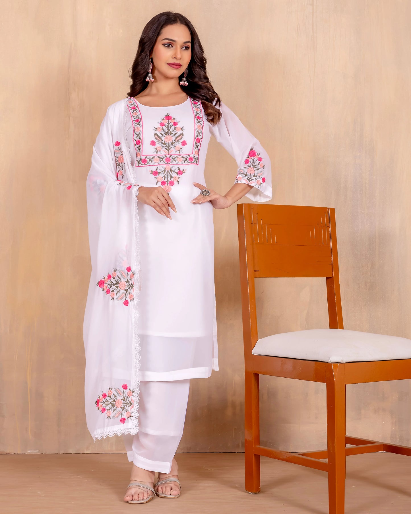 White Heavy Georgette with Embroidery Work & Fancy Bell Sleeve Kurta Set