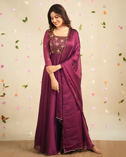 Wine Georgette Anarkali Embroidery & Thread Work Kurti