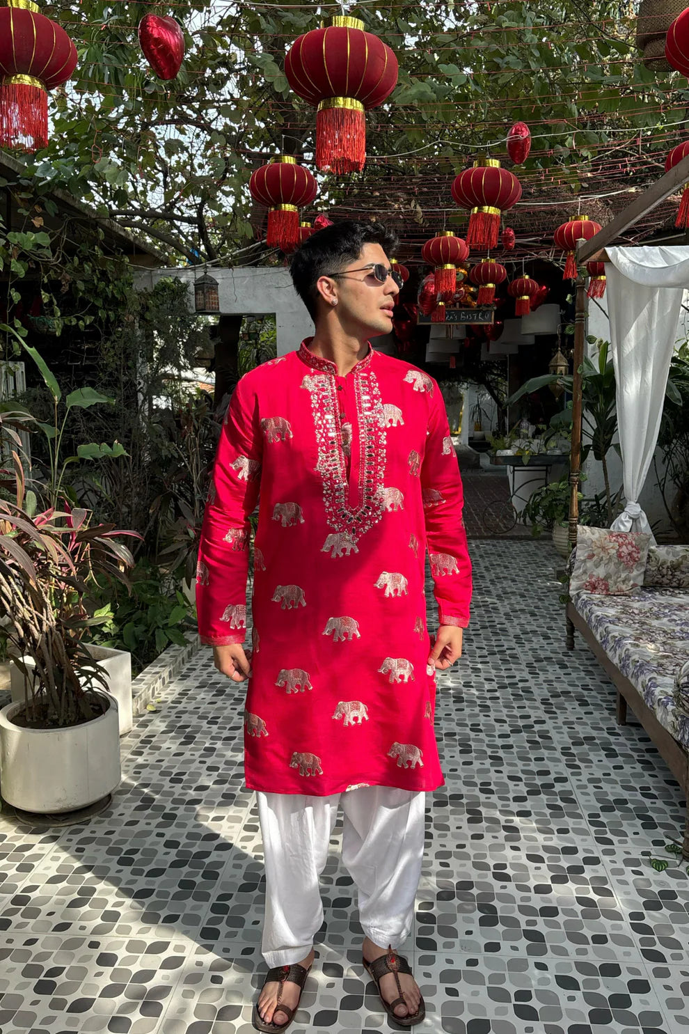 Pink-Red Elephant Neck Embroidered Kurta & Pajama Set for Men