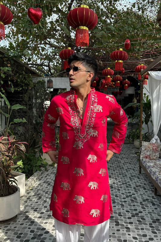 Pink-Red Elephant Neck Embroidered Kurta & Pajama Set for Men