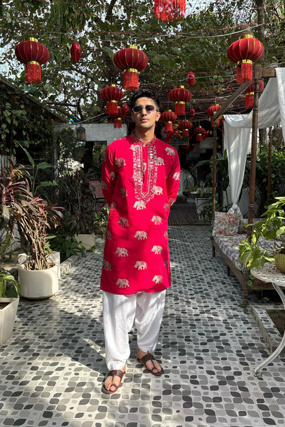 Pink-Red Elephant Neck Embroidered Kurta & Pajama Set for Men