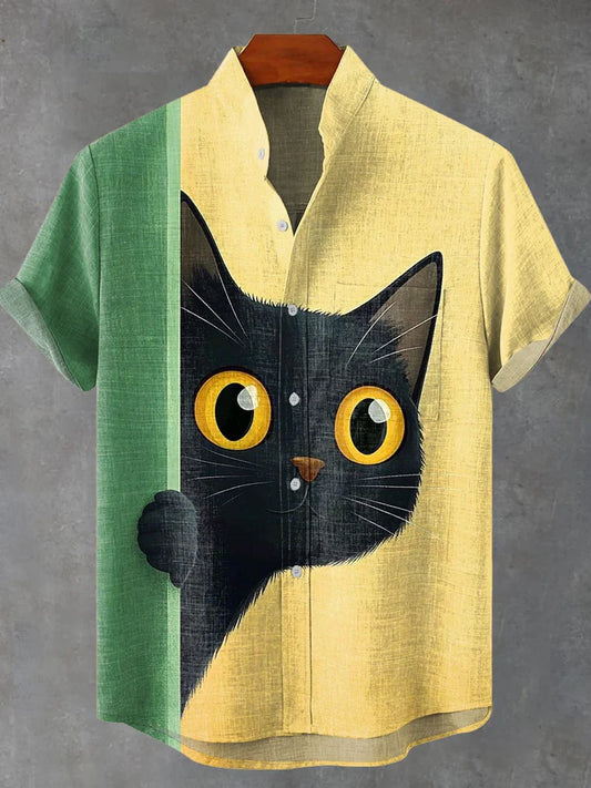 Cute Cat Probe Cat Vintage Print Casual 100% Cotton Shirt
