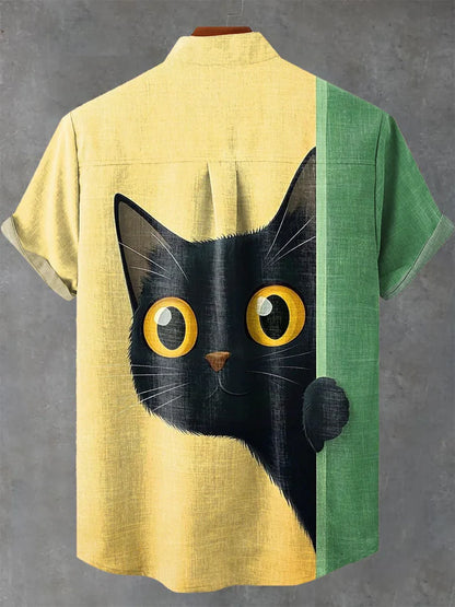 Cute Cat Probe Cat Vintage Print Casual 100% Cotton Shirt