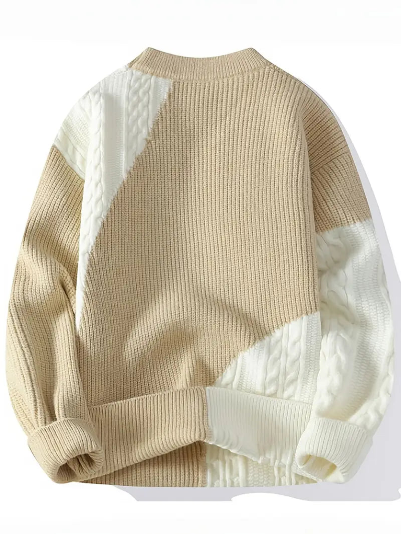 Commisely Two-Tone Patchwork Knitted Sweater – Beige & Ivory