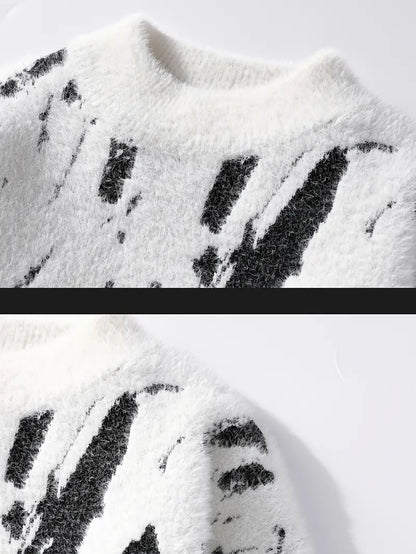 Commisely Abstract Black & White Knitted Sweater