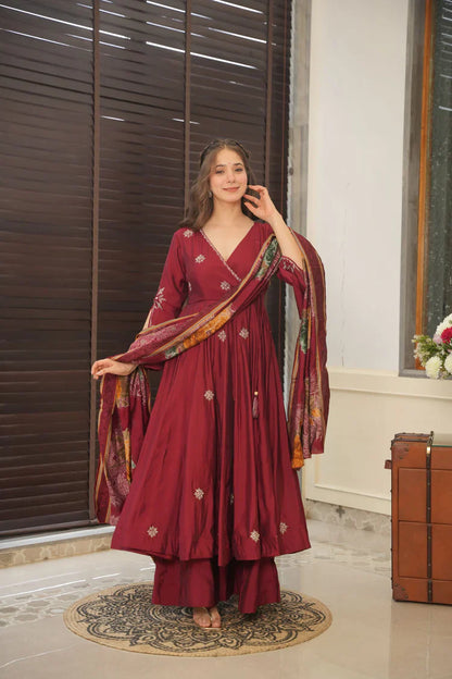 Pure Chinnon Silk Embroidery Sequence Gown & Dupatta Set