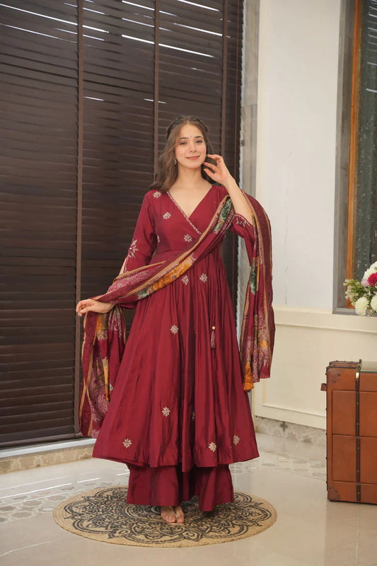 Pure Chinnon Silk Embroidery Sequence Gown & Dupatta Set