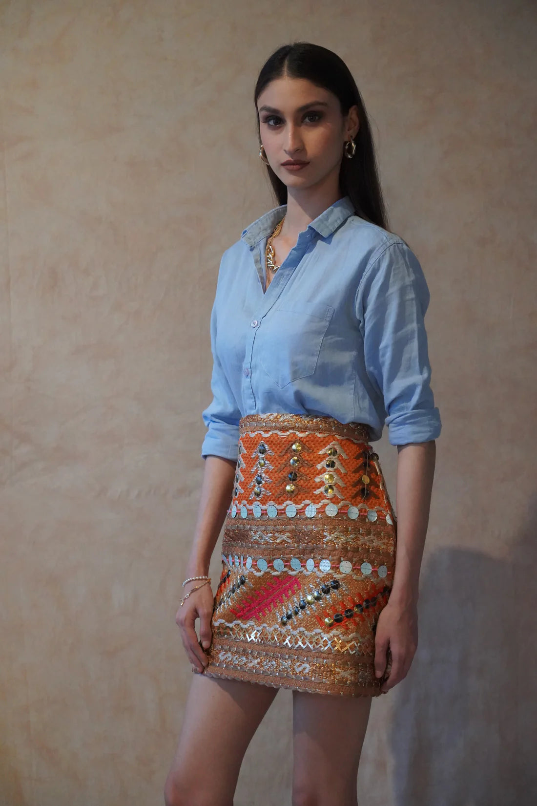 Nyx Hand Embroidered Orange Skirt Antique Emb