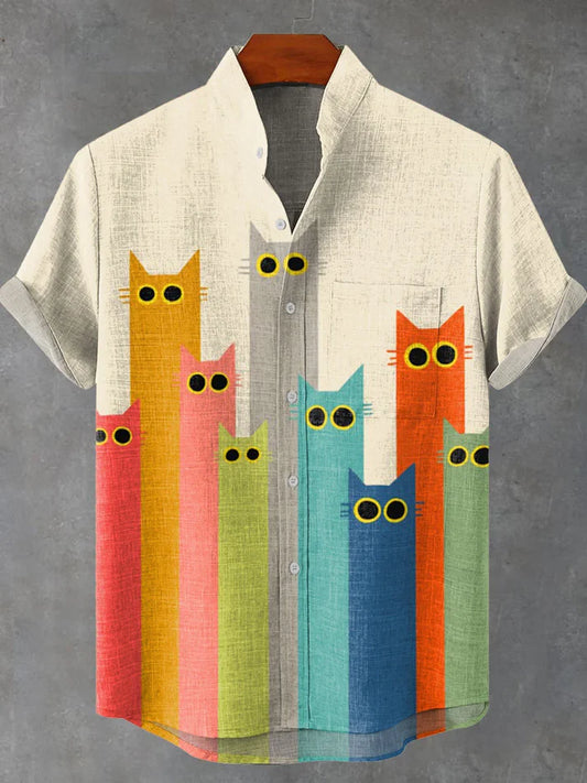 Cute Colorful Minimalistic Cat Art Vintage Print Casual 100% Cotton Shirt