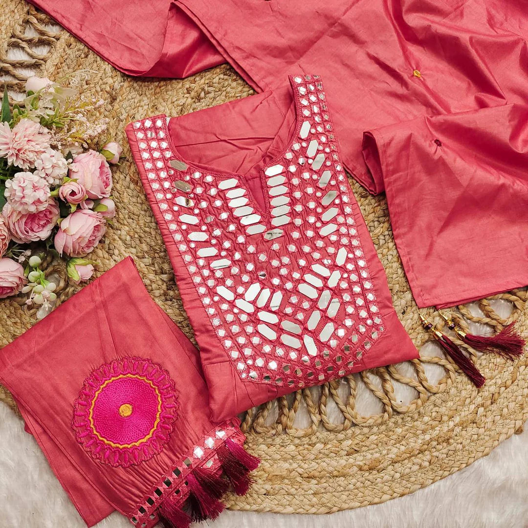 Premium Maslin Mirror & Embroidery Work Kurta Set