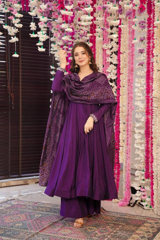Purple Naina Chinnon Silk Bandhani Set