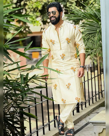 Yellow Chanderi Printed Kurta Pajama Set for Men