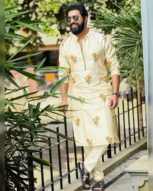 Yellow Chanderi Printed Kurta Pajama Set for Men