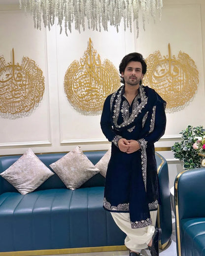 Regal Black Silk Kurta Set with Dupatta for Men