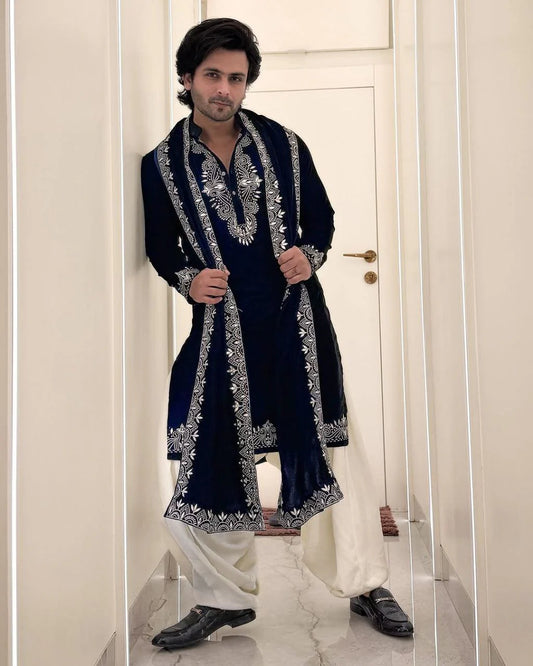 Regal Black Silk Kurta Set with Dupatta for Men
