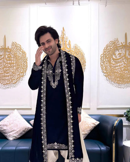Regal Black Silk Kurta Set with Dupatta for Men