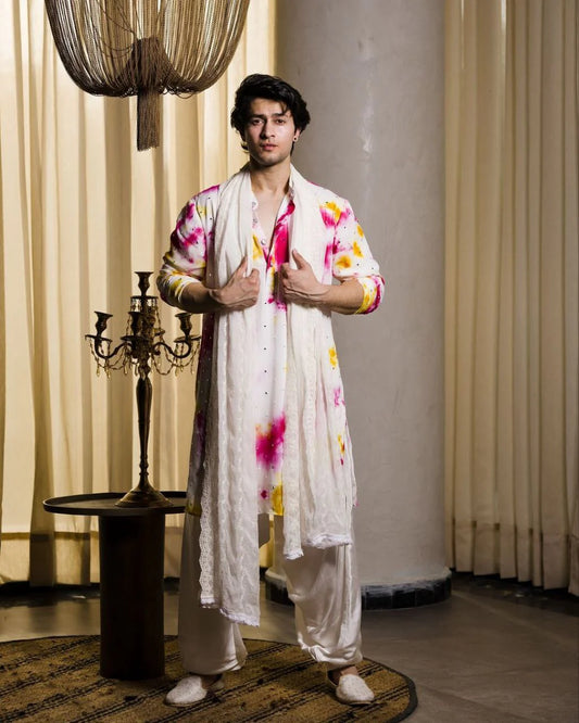 Multi-Coloured Mirror Work Printed Kurta, Pajama & Dupatta Set
