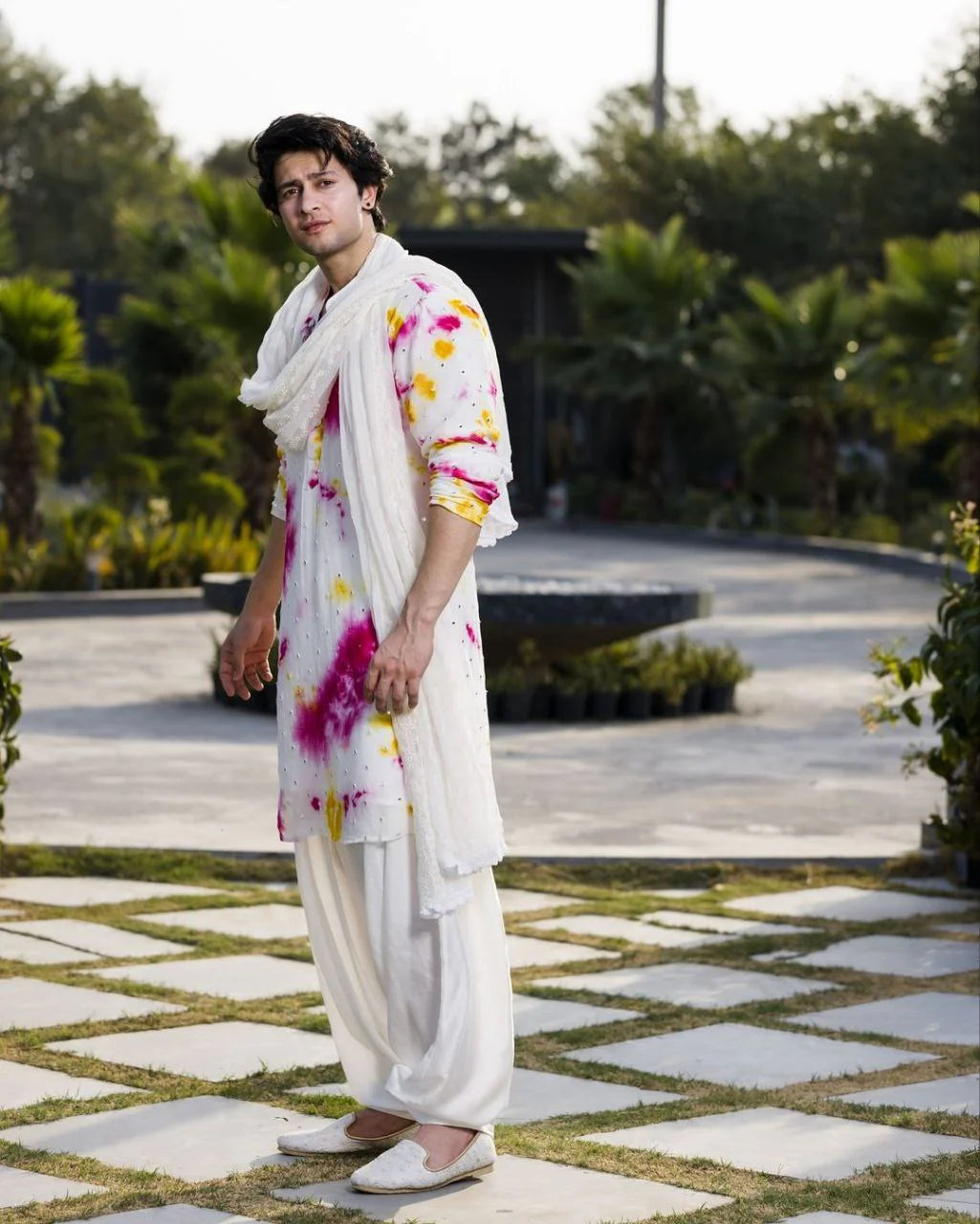 Multi-Coloured Mirror Work Printed Kurta, Pajama & Dupatta Set