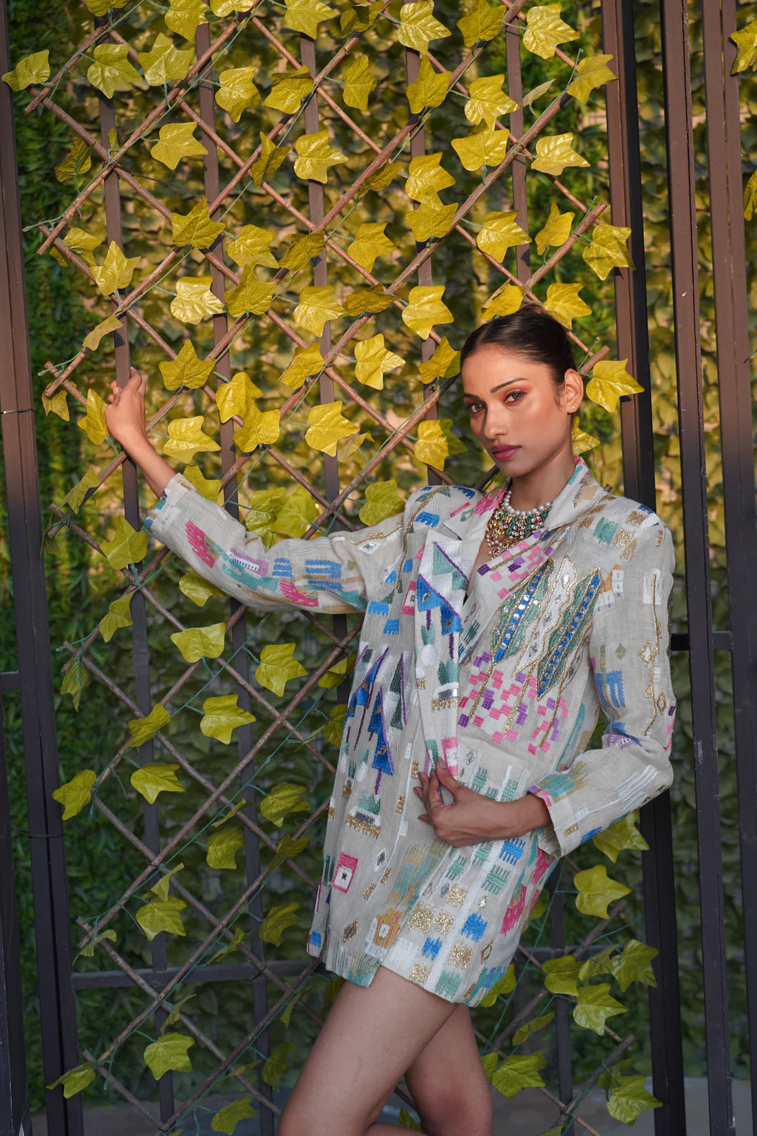 Sea Shell Multicolor Linen embroidered Blazer